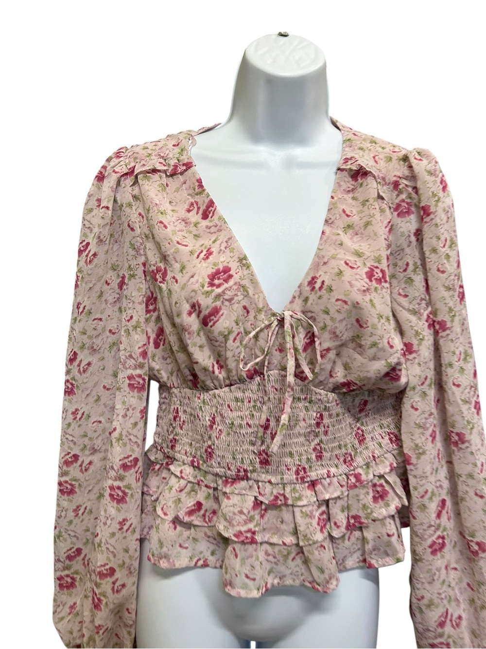Lush Blush Magenta Floral Smocked Waist Pink Long Sleeve Blouse Size S - Picture 3 of 4